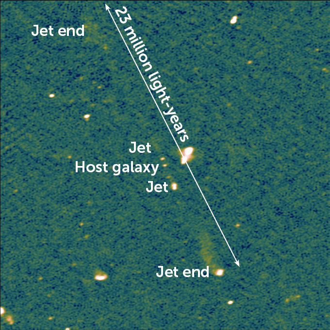 A fiery beam of light — emerging from two sides of a black hole — shoots across a dark background strewn with scattered silvery wisps and occasional bright dots representing galaxies.